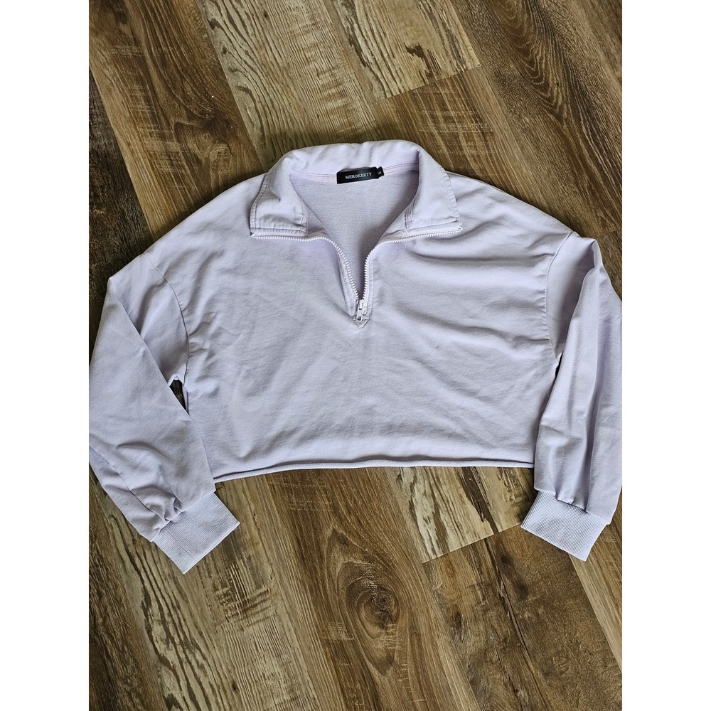 Merokeety Lavender Purple Quarter Zip Cropped Sweatshirt Raw Hem Small